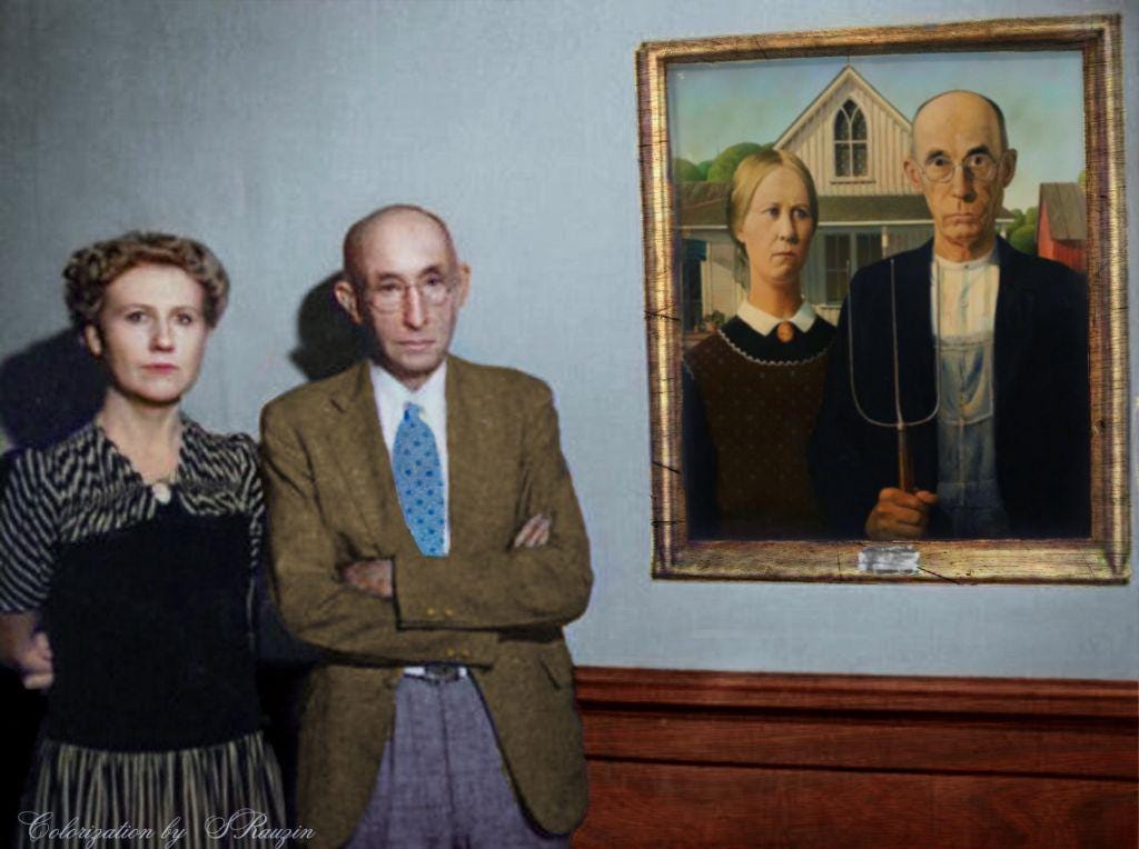 The iconic faces behind 'American Gothic': Nan Wood Graham and Dr. Byron McKeeby, photographed in September 1942 at the Cedar Rapids Public Library, Iowa.
