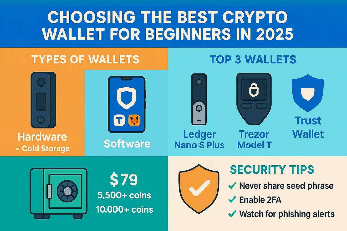 Infographic summarizing the blog post on 'Best Crypto Wallets for Beginners.' Key sections include wallet types, top recommendations, and security tips. Features clean icons for hardware wallets, software apps, and security shields Infographic summarizing the blog post on 'Best Crypto Wallets for Beginners.' Key sections include wallet types, top recommendations, and security tips. Features clean icons for hardware wallets, software apps, and security shields