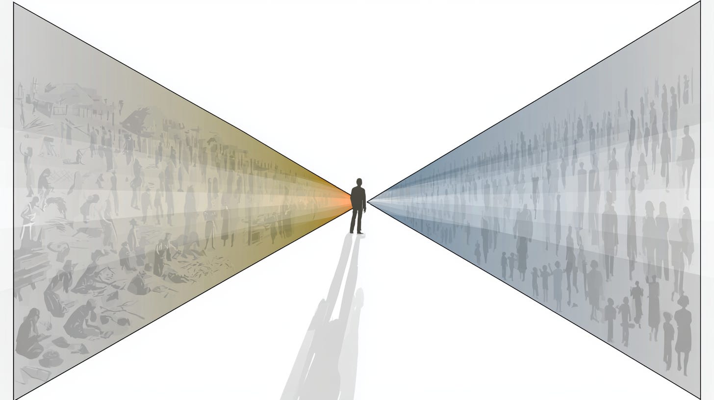 Time cone illustration for the Primordial Credit Argument for Universal Basic Income: a single human figure stands at the meeting point of two expanding cones of light, with an amber past stretching back through silhouettes of countless ancestors who built civilization and a blue future stretching forward through generations yet to come, visualizing the unpayable debt and credit that flows between every individual and society.