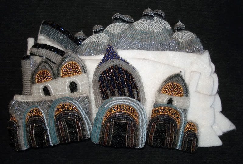 beaded beadwork Save Venice Italy St. Marks Square campanile erosion fiber art Basilica architecture bead embroidery blog relief painting