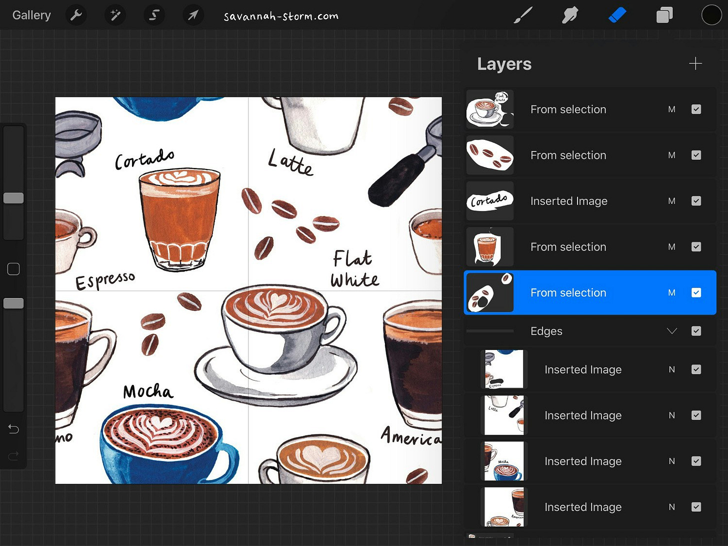 Screenshot of Procreate on the iPad, showing the process of creating an illustrated repeat pattern. Screenshot of Procreate on the iPad, showing the process of creating an illustrated repeat pattern.