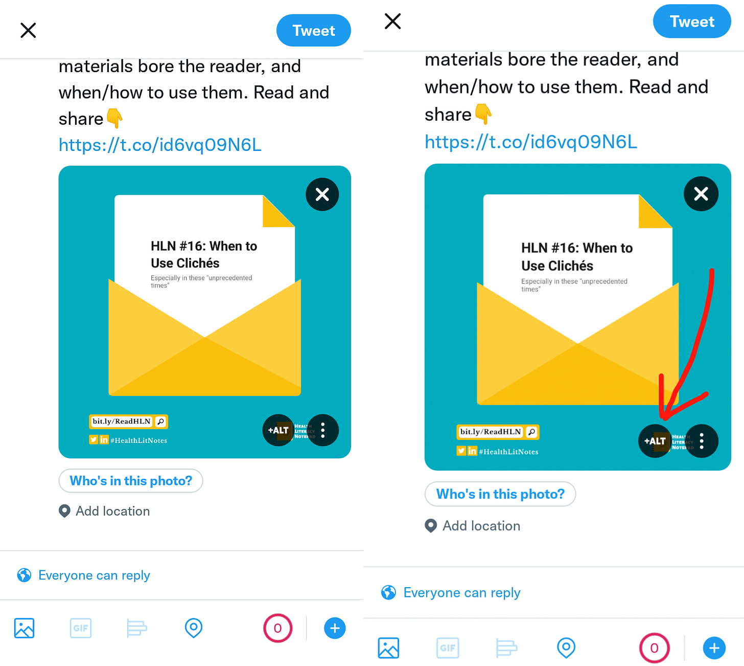 Merged screenshot showing how to add alt tags when posting images on twitter