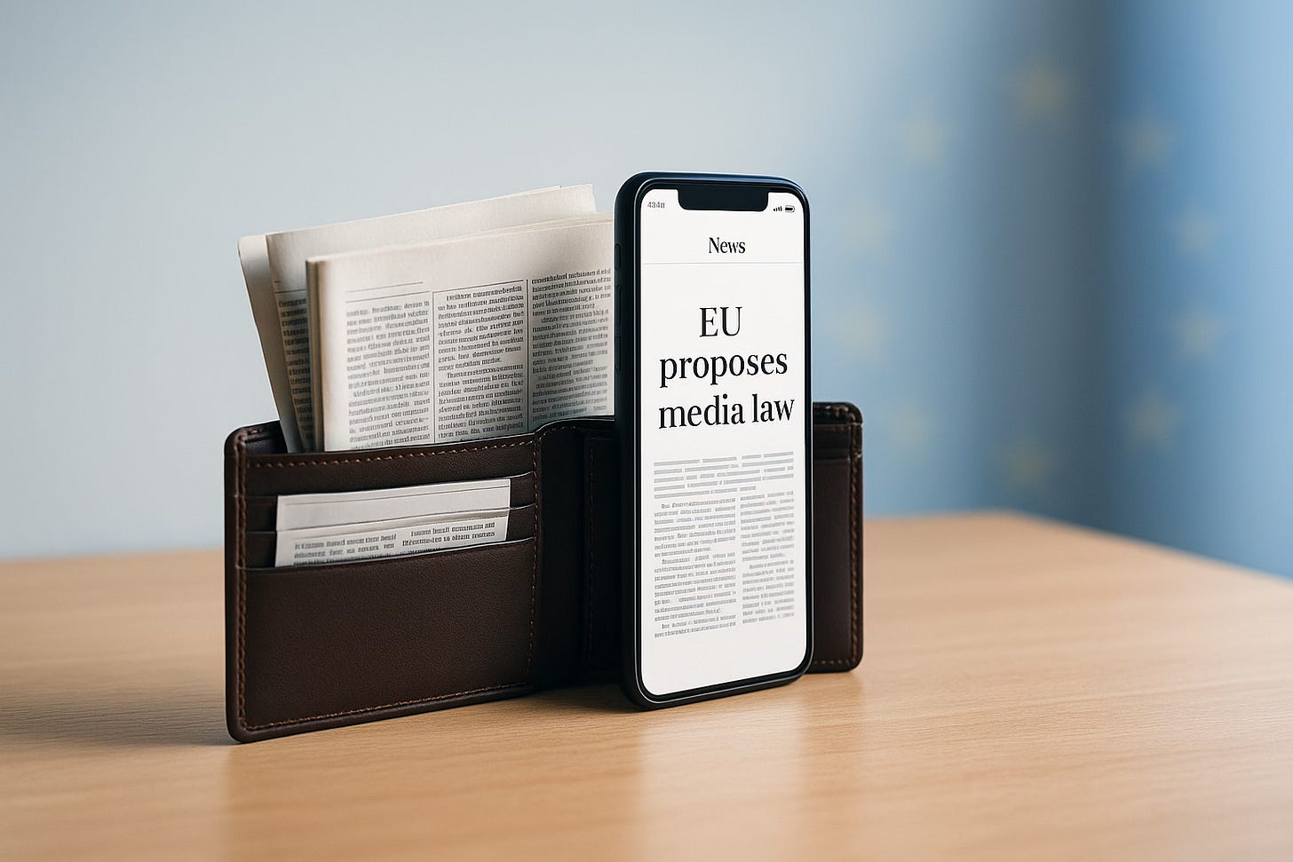 A minimalist open wallet filled with newspaper pages and a glowing smartphone, symbolizing the idea of paying for news through a shared platform.