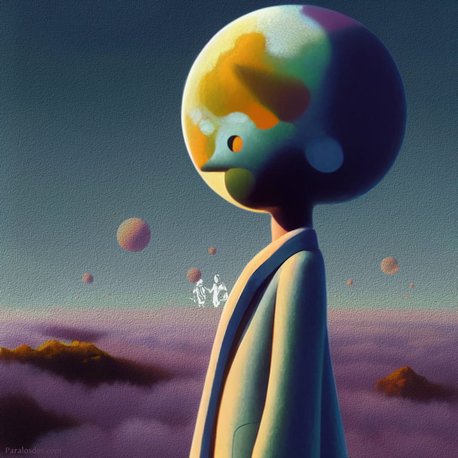 A fantastical artistic rendering of a figure with a round head that has an earth like quality. A fantastical artistic rendering of a figure with a round head that has an earth like quality.