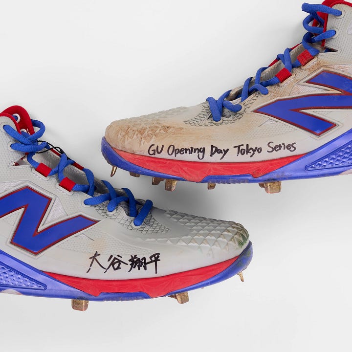 Shohei Ohtani Historic First MLB Game in Japan Game-Used Shoes: Kanji-Signed New Balance PE “Ohtani 1,” 2025 Tokyo Series