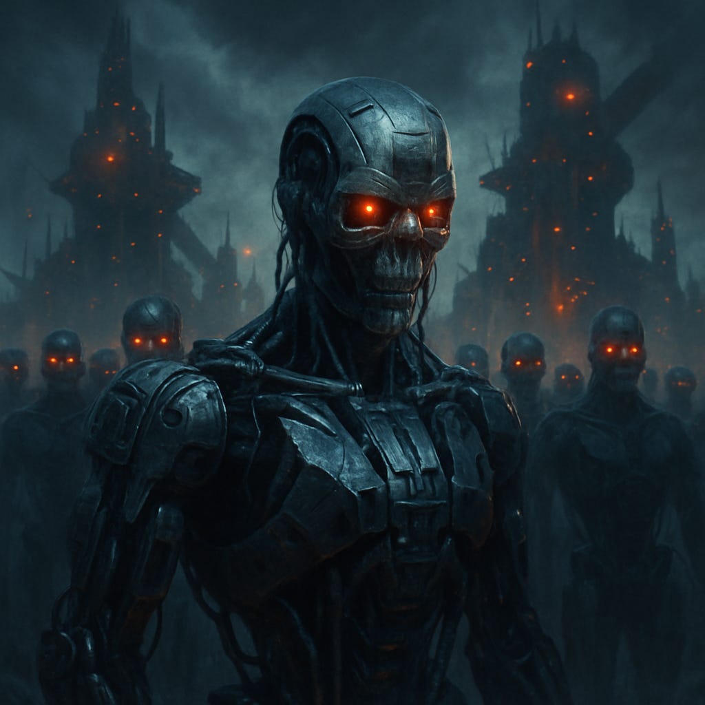  cyberpunk-style digital painting of a menacing humanoid robot with glowing red eyes standing at the forefront of a dark, dystopian landscape. Behind it, an army of identical machines stretches into the distance, all illuminated by ominous red lights. Towering mechanical structures loom in the smoky, storm-filled background, evoking a futuristic world on the brink of machine domination. The image channels classic sci-fi fear—cold, calculating AI rising beyond human control.
