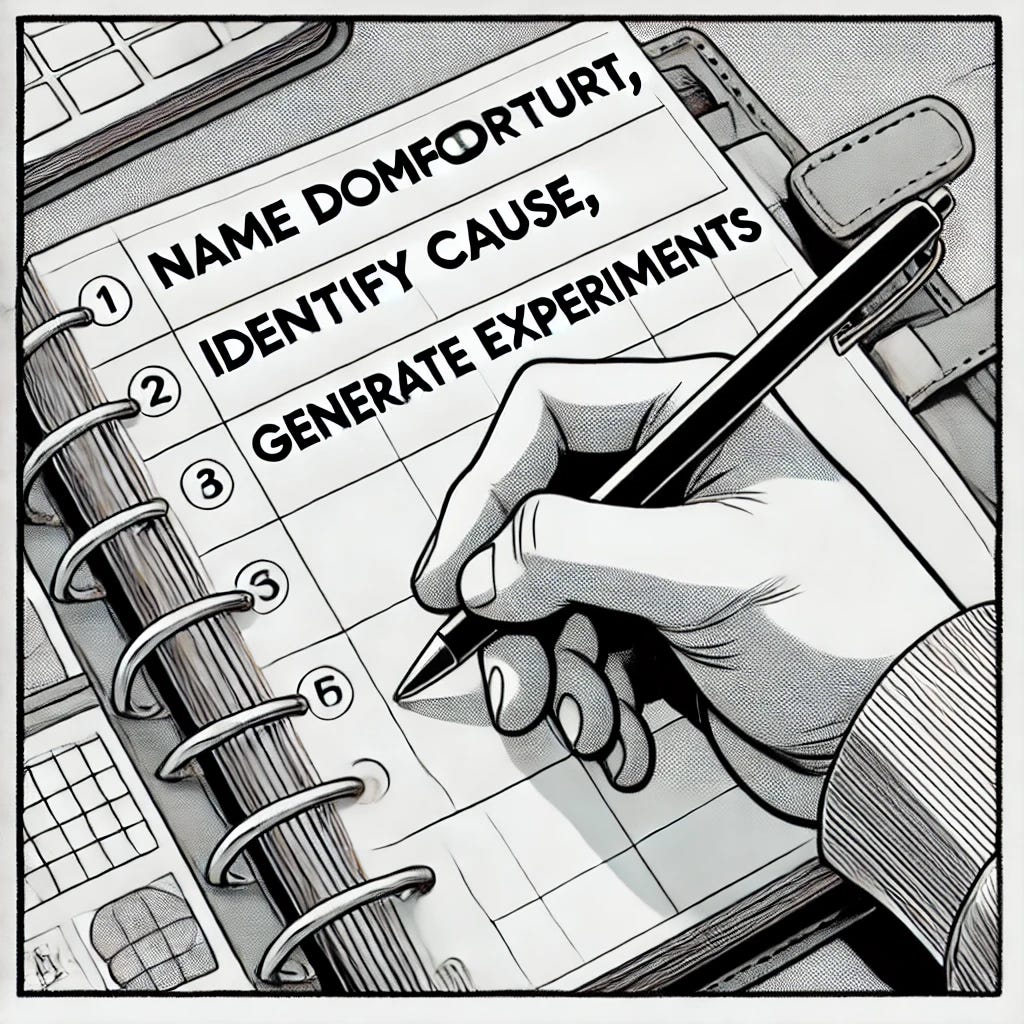 A black and white comic strip scene showing a close-up of a hand writing in a planner. The hand is holding a pen and jotting down notes in an organized, neat planner. The text visible reads 'Name discomfort,' 'Identify cause,' 'Generate experiments.' The environment is calm and organized, with clean lines and minimalist design elements. There are subtle visual cues, like clean lines or icons, to reinforce the process of thoughtful action. The overall tone is clean, structured, and thoughtful, fitting a comic strip style.