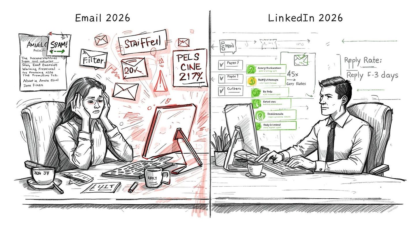 Side-by-side comparison showing LinkedIn 24% response rate versus email 2% in 2026