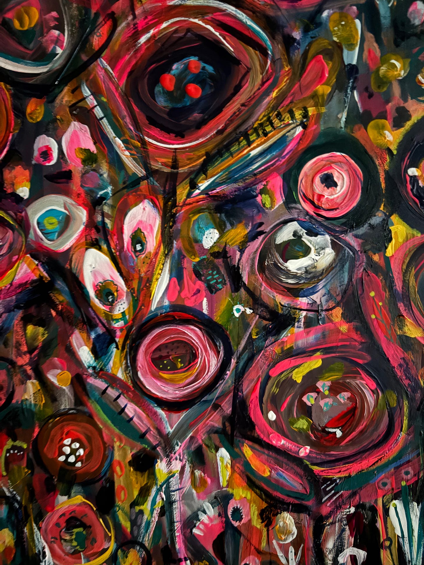 A vivid abstract painting with swirling pink, red, and black forms layered with bold strokes and intricate details.
