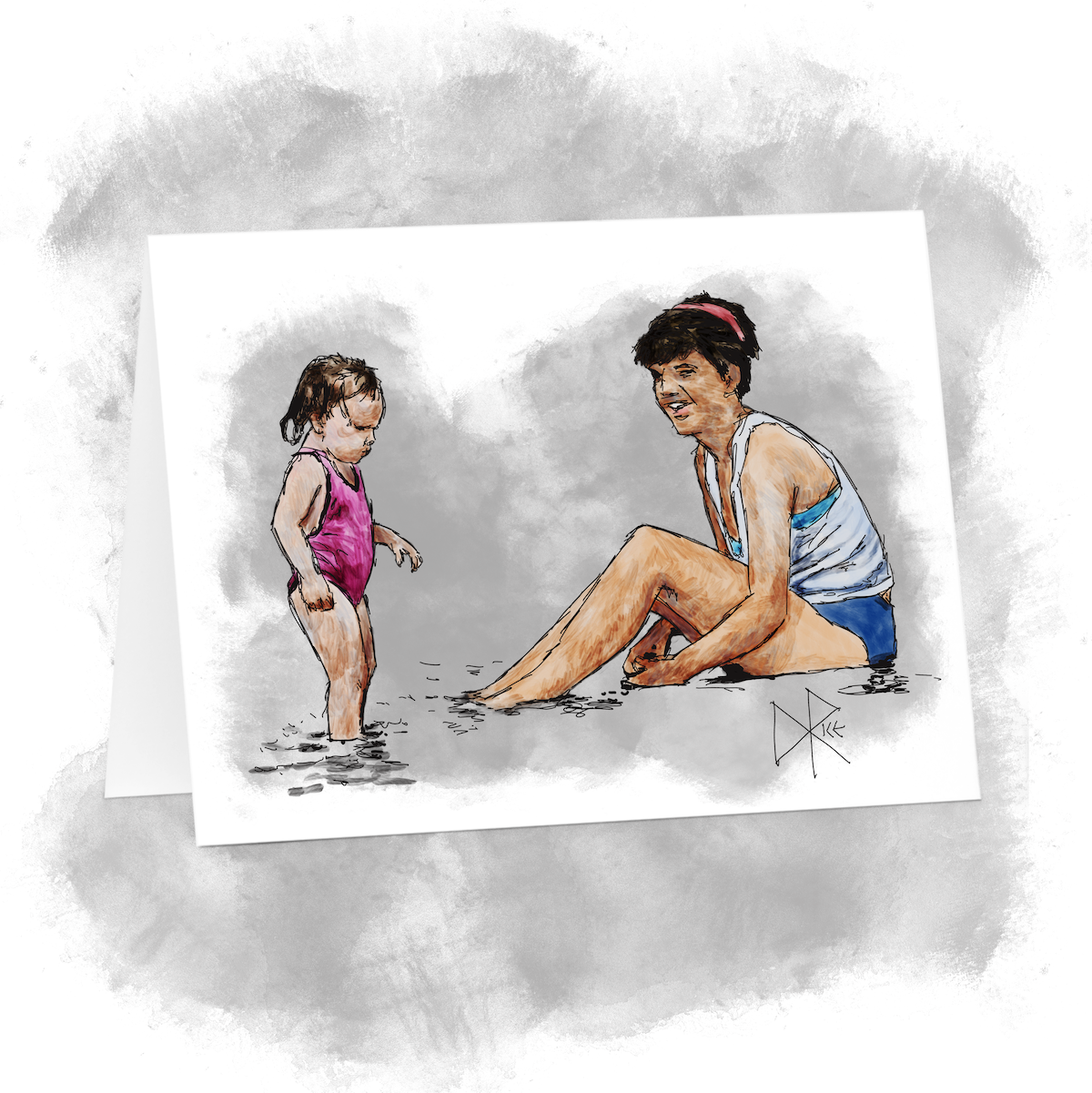 A toddler walks unsteadily in the shallow water at the beach as a woman sits nearby and watches with amusement and affection. Sketch art by Don Rice. A toddler walks unsteadily in the shallow water at the beach as a woman sits nearby and watches with amusement and affection. Sketch art by Don Rice.