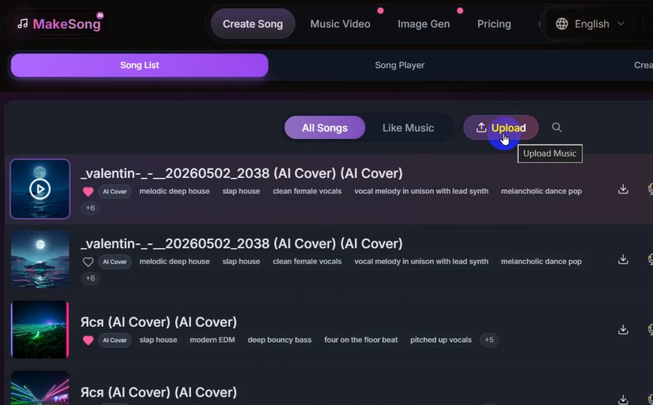 MakeSong, вкладка Song List. Выделена кнопка Upload с всплывающей подсказкой «Upload Music». Список AI Cover-треков на тёмном фоне. MakeSong, вкладка Song List. Выделена кнопка Upload с всплывающей подсказкой «Upload Music». Список AI Cover-треков на тёмном фоне.