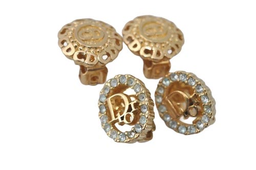 Authentic Christian Dior Clip-On Earrings Rhinestone Gold Plated 2Set CD 8001M - Picture 1 of 10