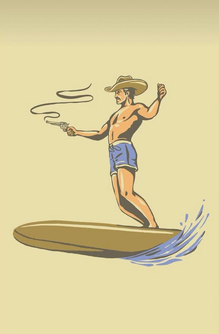 This may contain: a man riding on top of a surfboard while wearing a hat and swimming trunks This may contain: a man riding on top of a surfboard while wearing a hat and swimming trunks