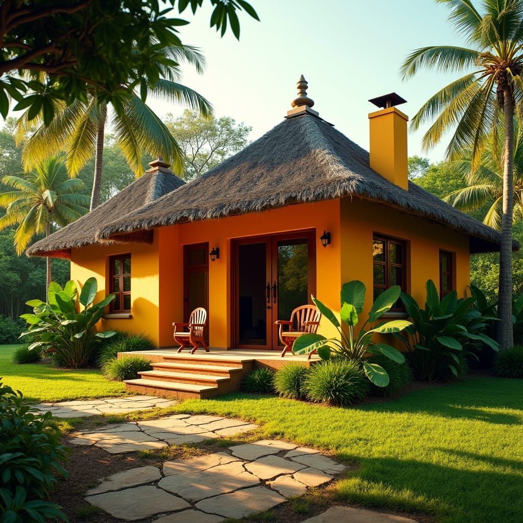 A modern Jamaican and Ghanaian styled home in Jamaica, blending traditional African and colonial influences, with a focus on open spaces, communal living, and harmony with nature. The design incorporates elements reminiscent of traditional African homes, with a seamless fusion of wood, stone, and earthy tones. The architecture is characterized by clean lines, minimalist ornamentation, and an emphasis on natural ventilation. Cinematic lighting casts a warm glow, with deep shadows and rich textures