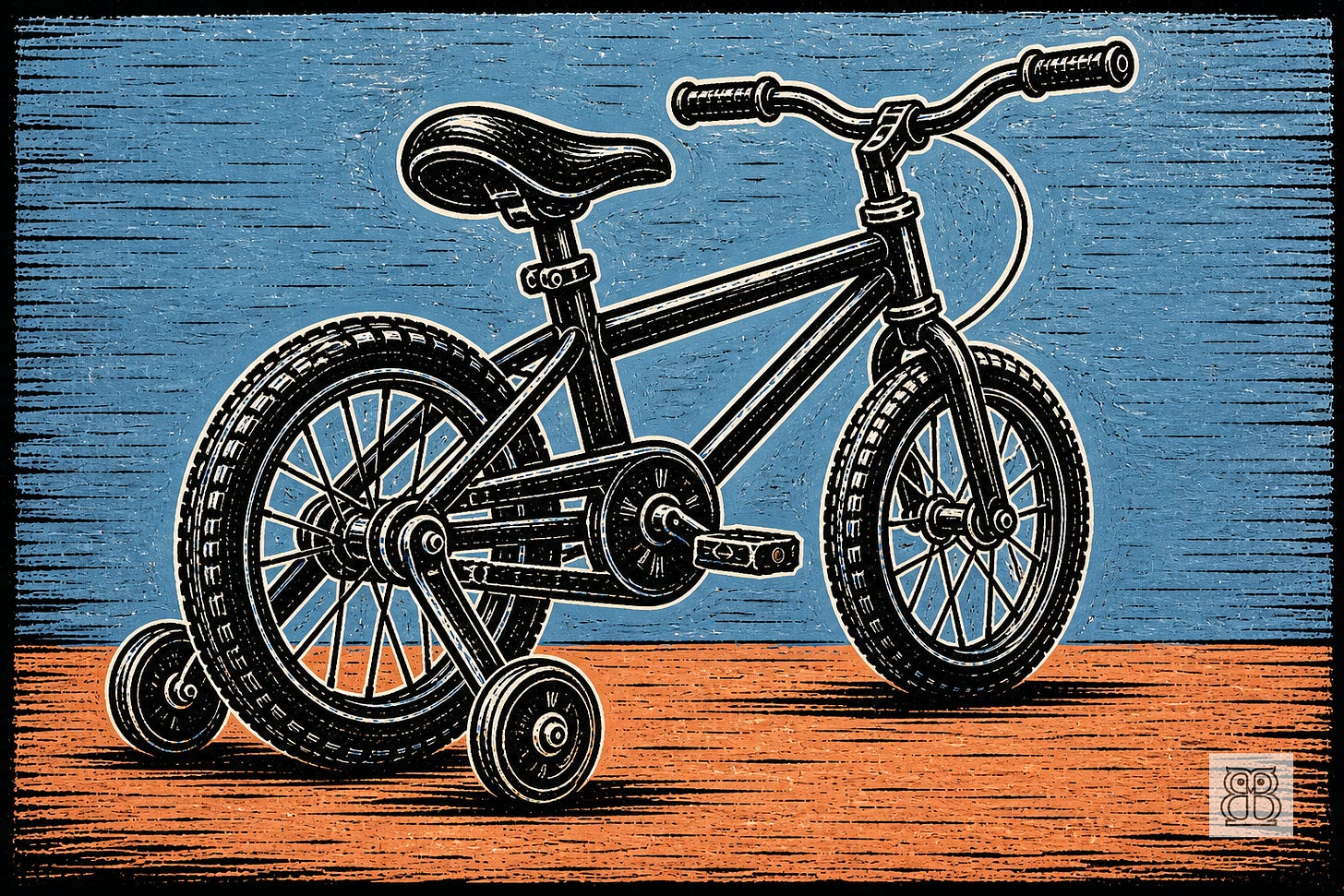 Linocut-style image of an empty child’s bicycle in rear three-quarter view, with both stabiliser wheels resting on the ground, suggesting that the bike is being held upright rather than balanced.