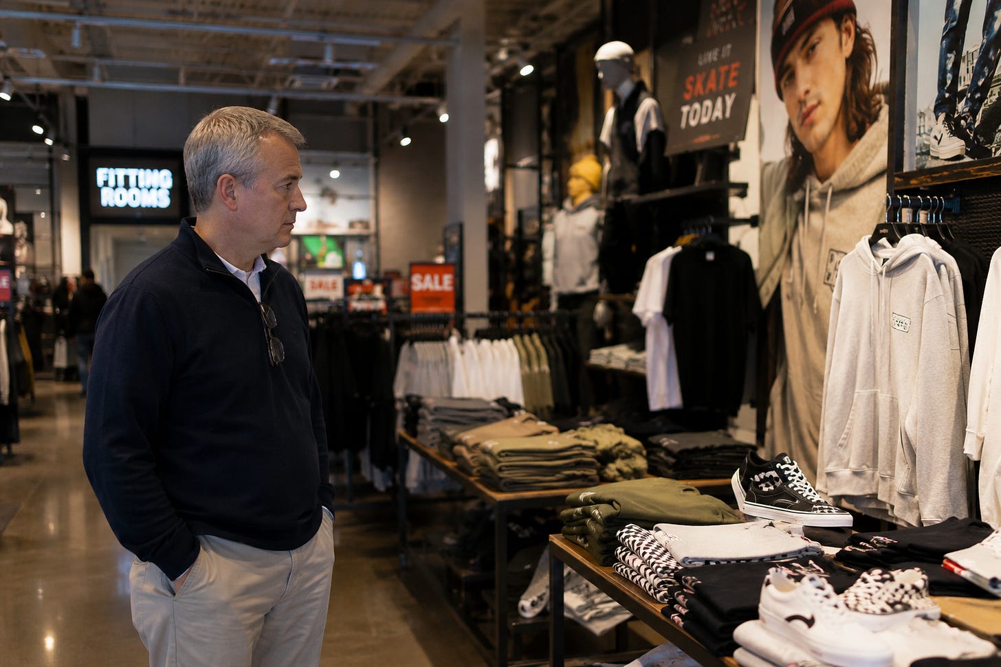 Middle-aged man standing in a modern clothing store, observing products and advertisements aimed at younger consumers, reflecting on aging, marketing, and changing cultural trends.