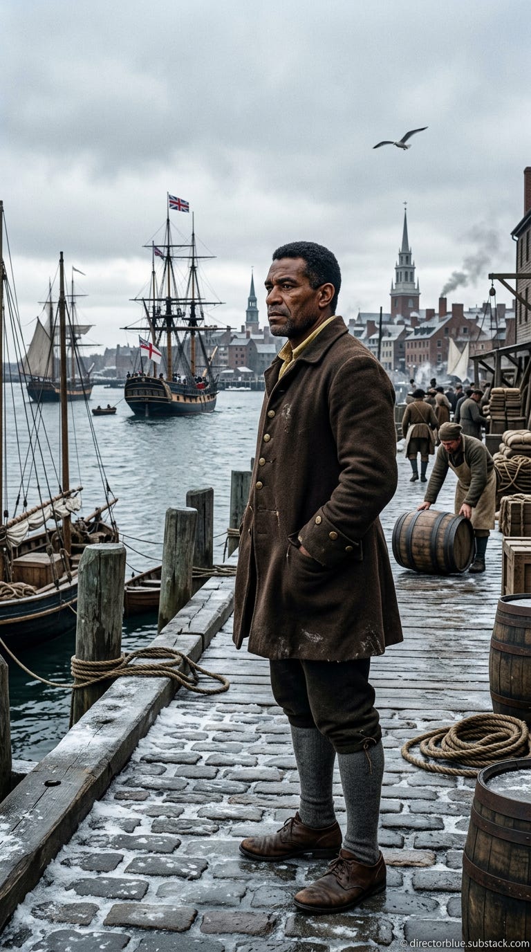 IMAGE PROMPT FOR UNIVERSITY HISTORY CLASS REENACTMENT H201 Photorealistic 9x16 vertical image Early morning on Long Wharf Boston Harbor March 1770 Cold overcast gray sky with low clouds A tall powerfully built 47-year-old man stands in three_image_1