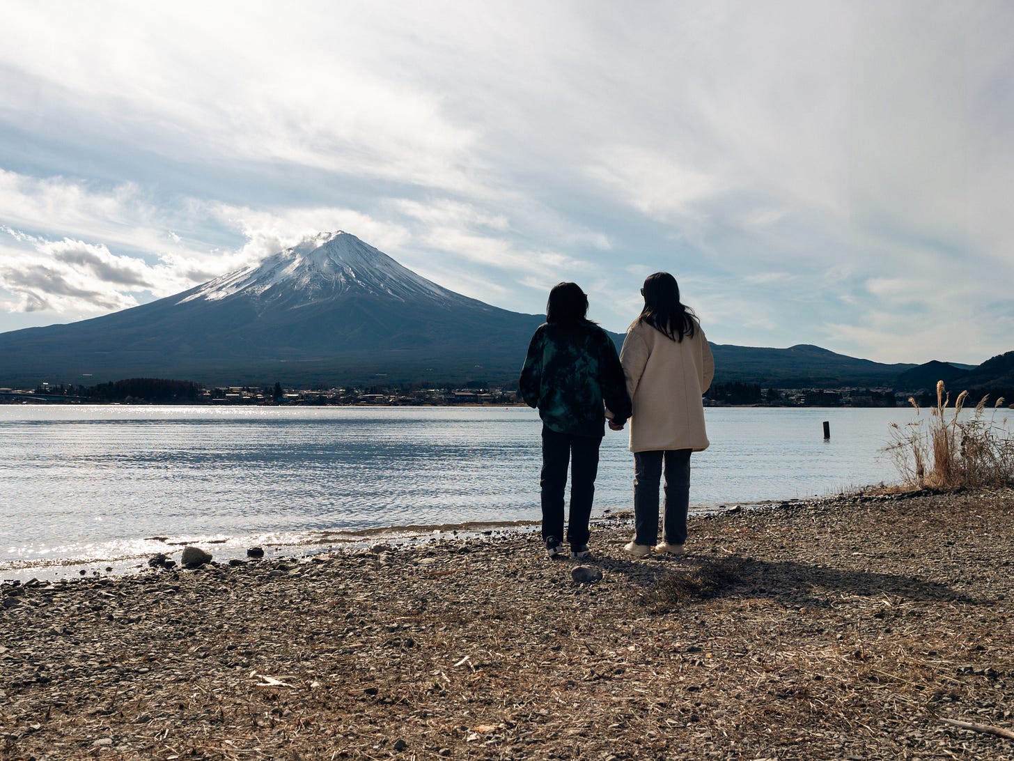 Landscape shot of Mt. Fuji and a couple
