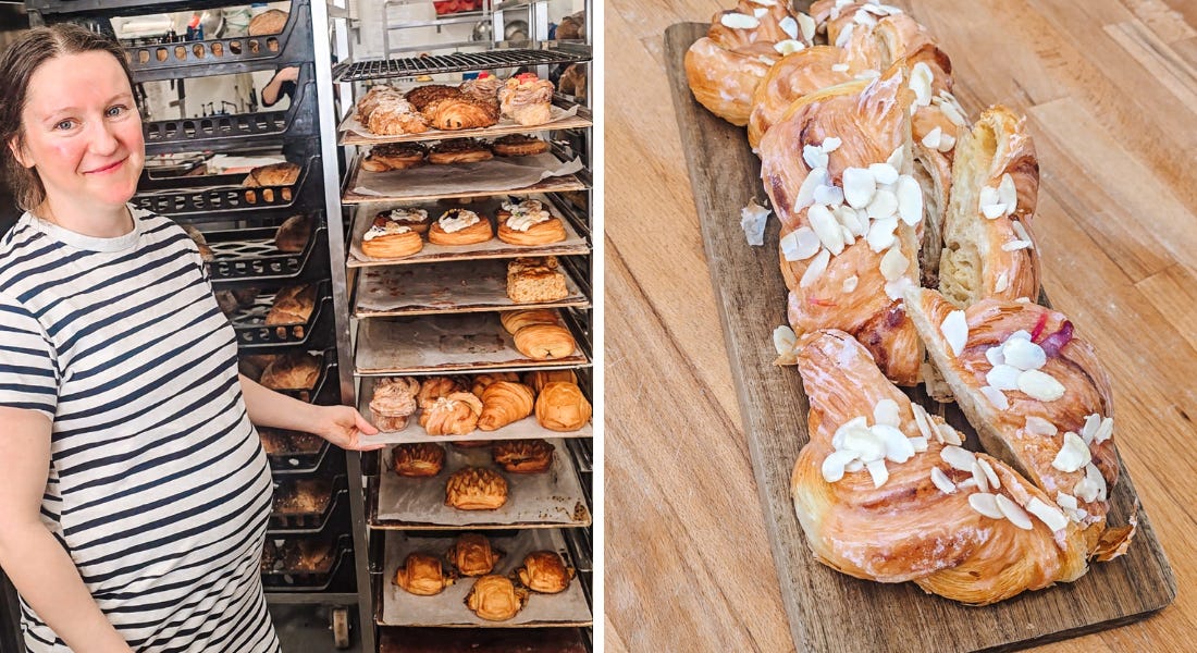 Two pictures - one of a woman in a striped dress next to a shelf of pastries, and one of a pastry on a wooden board