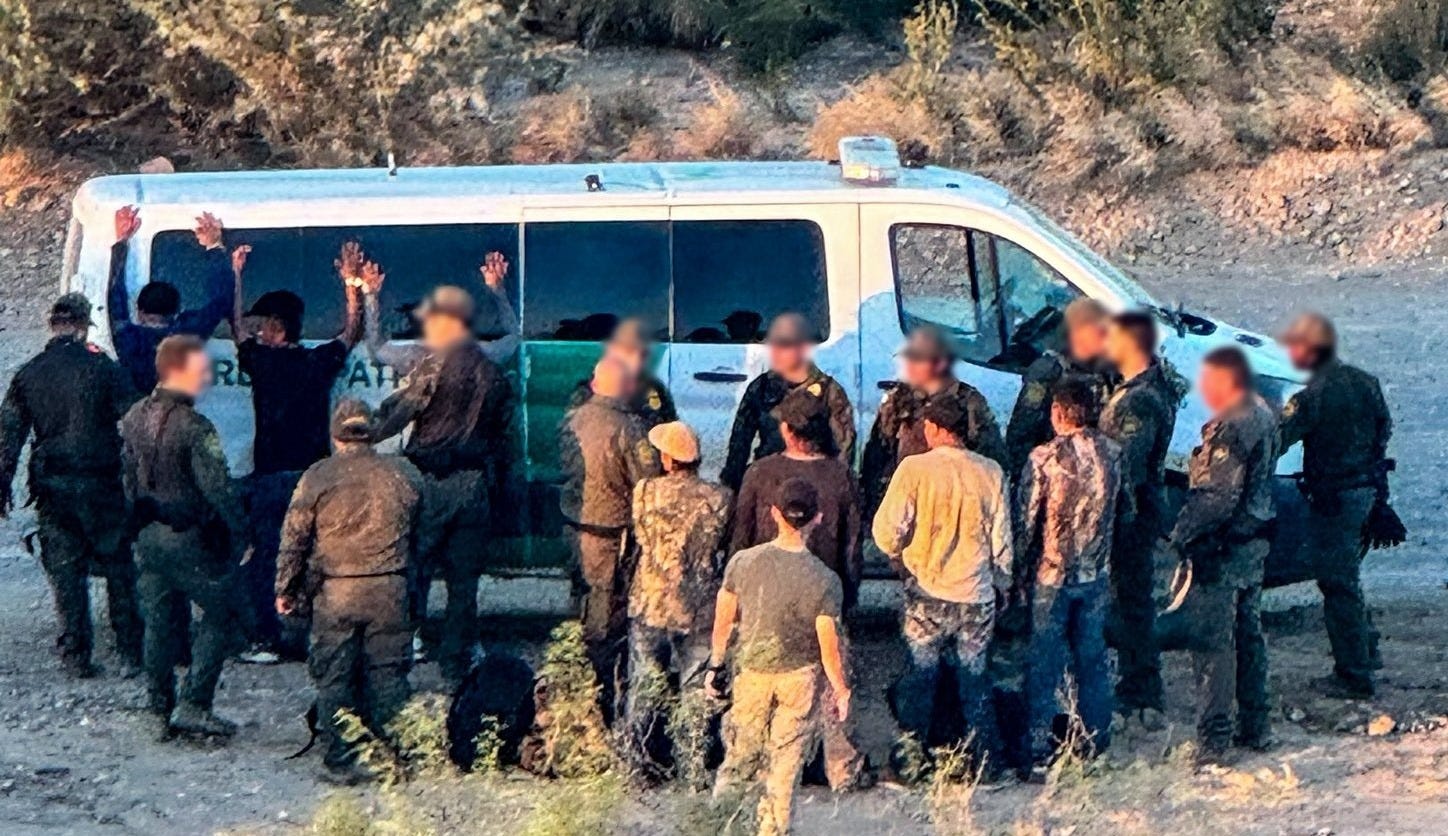 The Laredo, Texas Border Patrol Sector has been intercepting large groups of migrants like this one, smuggled across the border illegally by the Northeast Cartel (CDN) since at least April, which indicates the CDN is probing this area in hopes of successfully resuming large-scale human smuggling which has been thwarted since President Trump reinforced the Rio Grande since resuming office (US Customs & Border Protection photo) The Laredo, Texas Border Patrol Sector has been intercepting large groups of migrants like this one, smuggled across the border illegally by the Northeast Cartel (CDN) since at least April, which indicates the CDN is probing this area in hopes of successfully resuming large-scale human smuggling which has been thwarted since President Trump reinforced the Rio Grande since resuming office (US Customs & Border Protection photo)