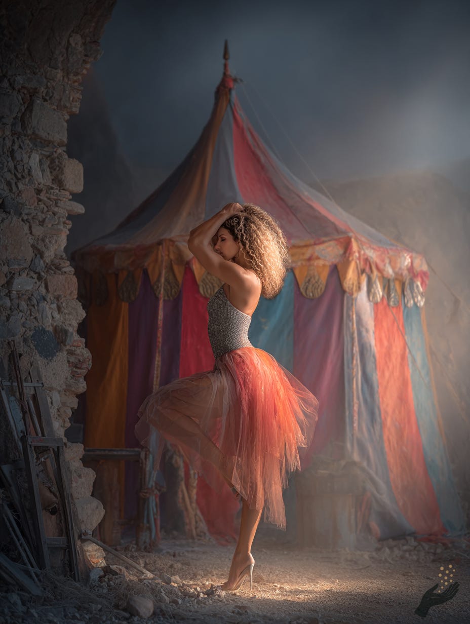 Dreamlike circus artwork of a dancer in a red tulle dress standing beside a striped tent in soft misty light.