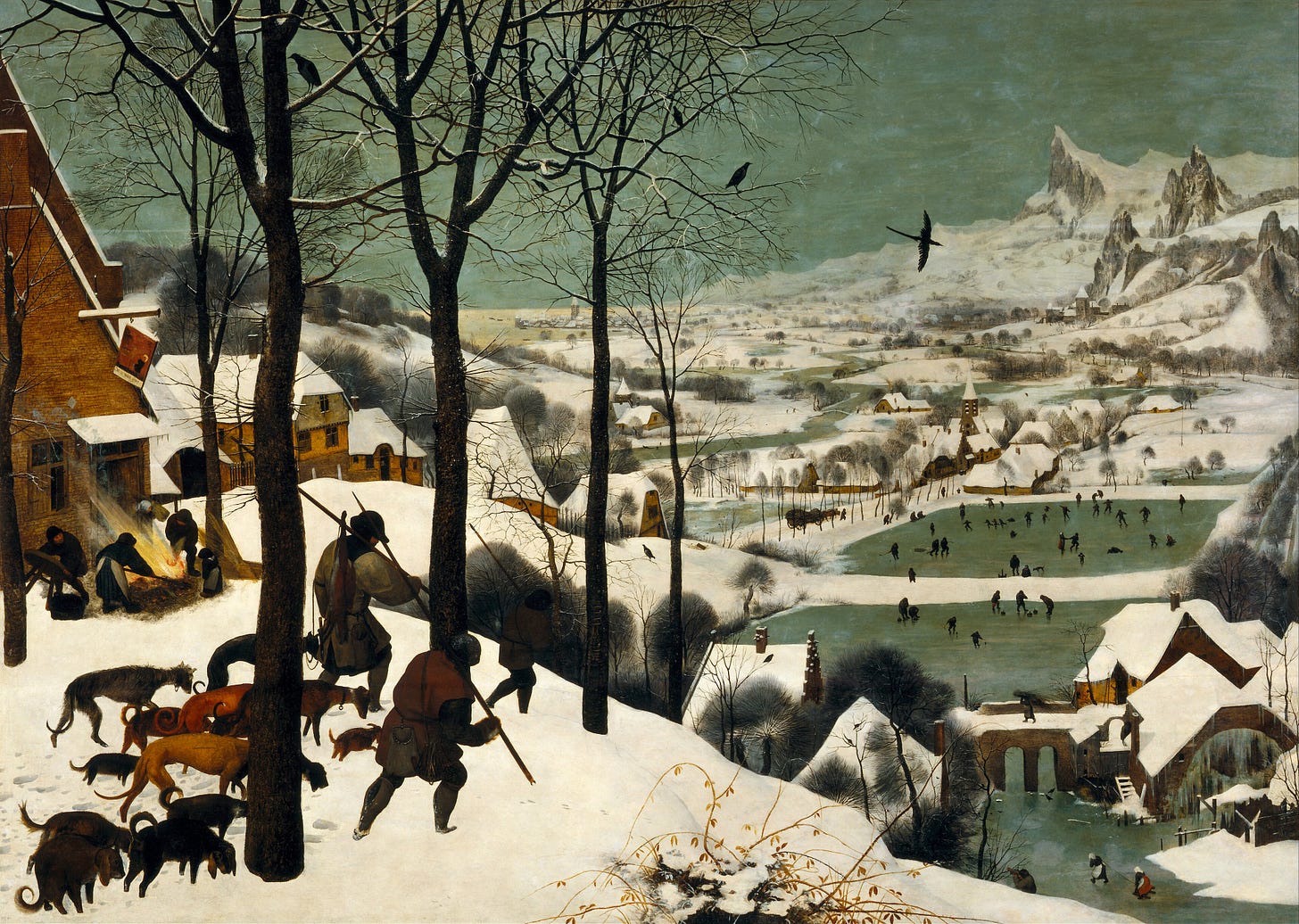 Pieter Bruegel the Elder's Hunters in the Snow, depicting hunters returning through a winter landscape overlooking frozen ponds, bare trees, and distant jagged mountains. Pieter Bruegel the Elder's Hunters in the Snow, depicting hunters returning through a winter landscape overlooking frozen ponds, bare trees, and distant jagged mountains.