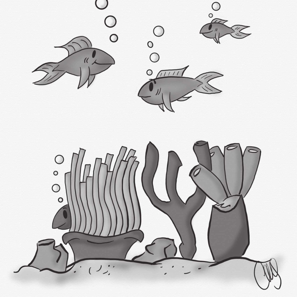 digital pen and ink drawing of a coral reef with fish swiming around on the ocean floor