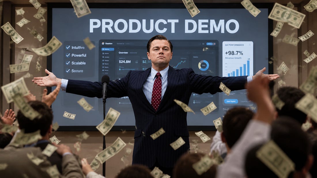 Confident founder presenting a product demo onstage as dollar bills fly through the air and an excited audience raises its hands. Confident founder presenting a product demo onstage as dollar bills fly through the air and an excited audience raises its hands.