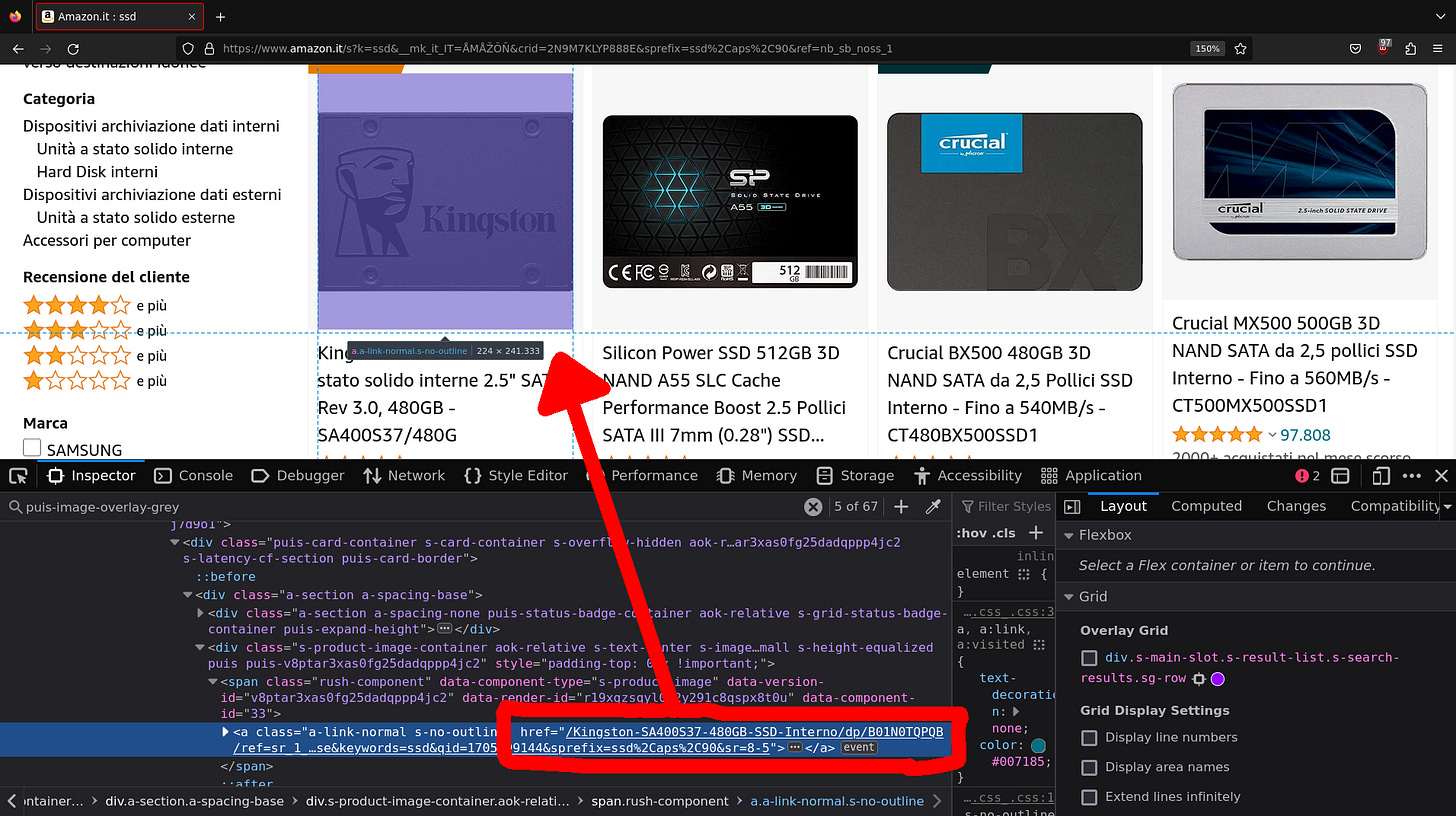 Developer console opened to show the `a` tag of the first product