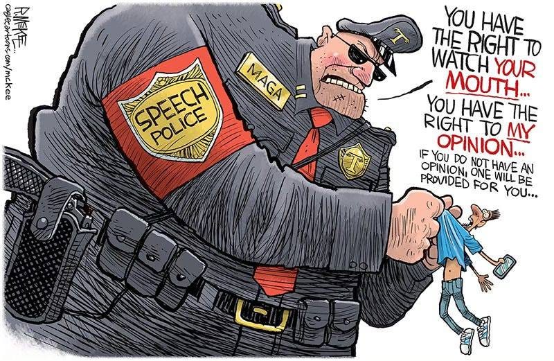 May be an image of text that says 'o น 全順住 ean MAGA SPEECH POLICE YOU HAVE THE RIGHT WATCH YOUR MOUTH... YOU HAVE THE RIGHT TO IF OPINION... MY YOU DO OPINIONI NOT HAVE AN PROVIDED FOR YOU... ONE WILL WILLBE BE'