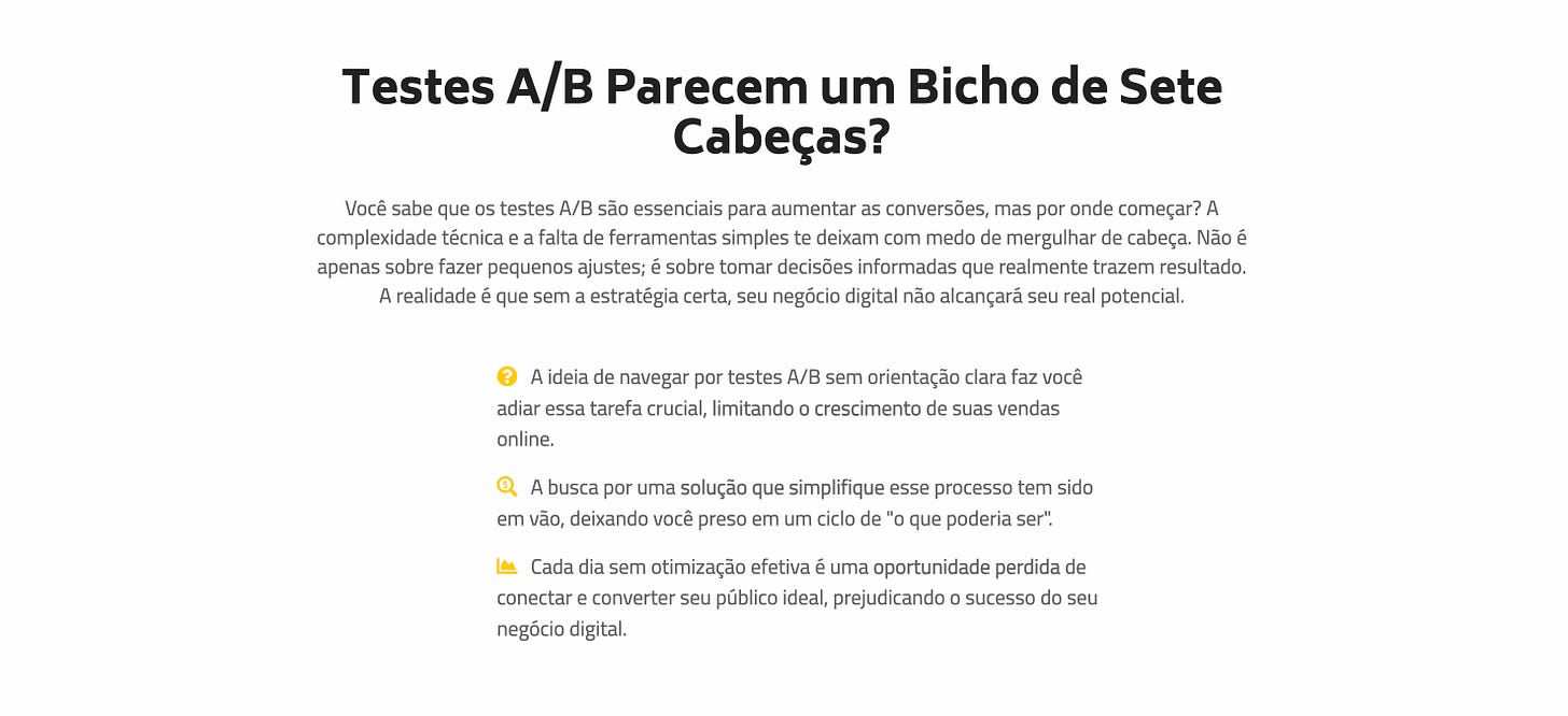 Exemplo de dor sendo abordada na landing page do AbeeTest.ai Exemplo de dor sendo abordada na landing page do AbeeTest.ai