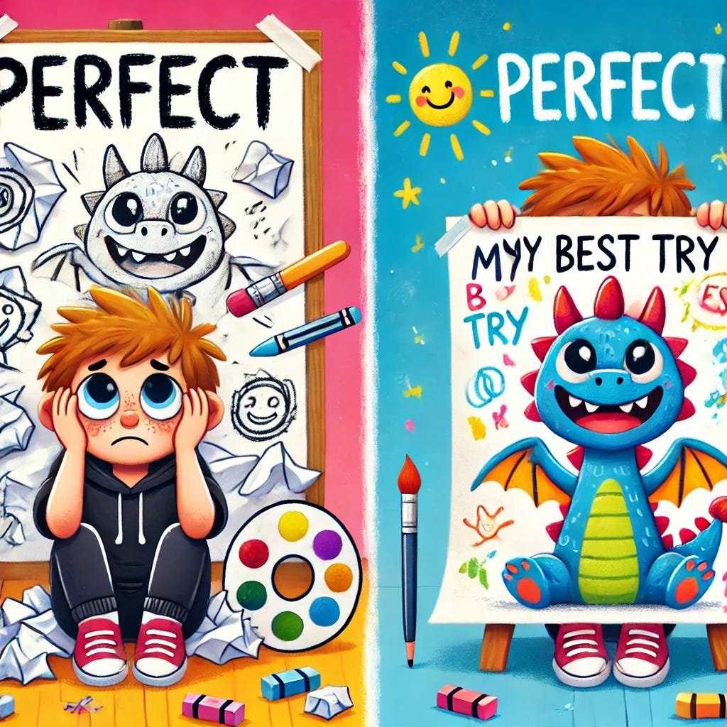 A cheerful and colorful illustration for kids showing the concept of optimism vs. perfectionism. On the left, a child sits frozen in front of a crumpled drawing labeled 'Perfect' with erasers and scribbles around. On the right, another child is smiling and proudly holding a fun, imperfect dragon drawing labeled 'My Best Try', with paint splashes and sketch marks. The scene is bright and playful, with sunshine and stars in the background. The overall tone is positive and encouraging, aimed at children ages 8–12.