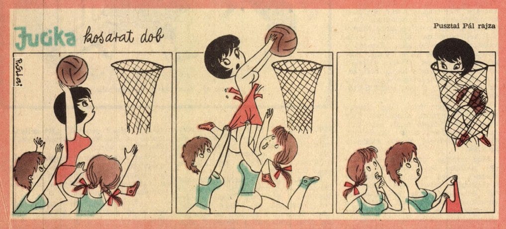 During a basketball game, Jucika leaps dramatically to make a shot. As her opponents tug at her dress, she soars into the hoop along with the ball. In the final panel, she sits tangled in the net, now nude, while the girls below look up in surprise, holding her uniform. During a basketball game, Jucika leaps dramatically to make a shot. As her opponents tug at her dress, she soars into the hoop along with the ball. In the final panel, she sits tangled in the net, now nude, while the girls below look up in surprise, holding her uniform.