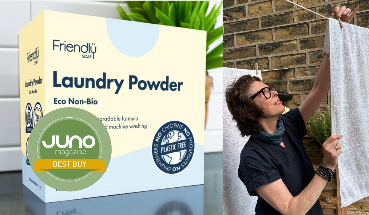 An image featuring a box of Friendly Soap Laundry Powder labeled "Eco Non-Bio," alongside a person hanging a towel on a line.