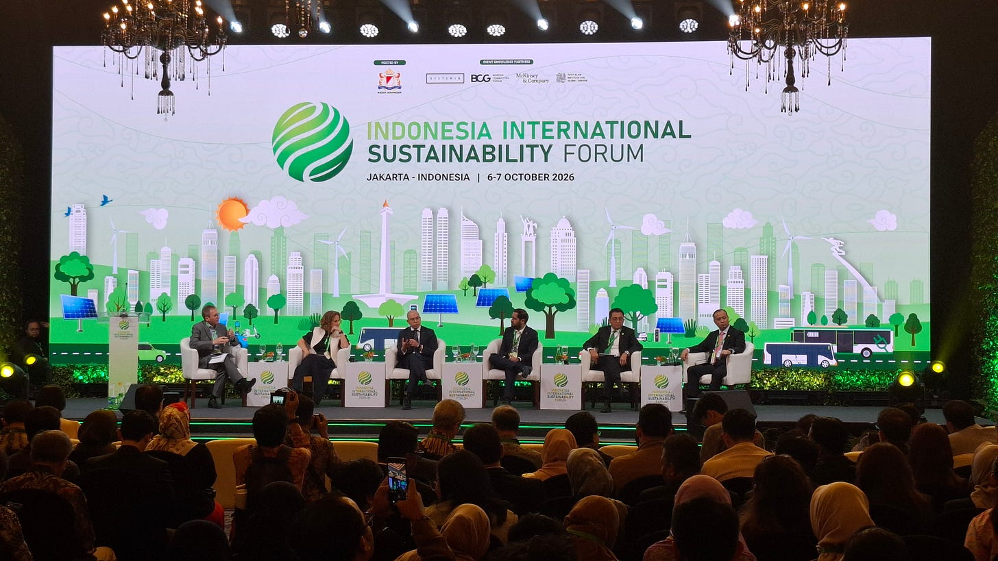 Indonesian officials and business leaders speaking during a plenary session at the Indonesia International Sustainability Forum 2026 in Jakarta Indonesian officials and business leaders speaking during a plenary session at the Indonesia International Sustainability Forum 2026 in Jakarta