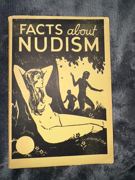 Nine photos of vintage nudist books displayed on a dark surface, including titles such as Social Nudism in America by Fred Ilfeld and Roger Lauer, On Going Naked by Jan Gay, Life in the Sun by Allan Blair, The Naked Truth About Nudism by William Welby, Naked in the Woods by Jim Motavalli, Defense of Nudism by Henry Huntington, Nudist Society by William Hartman, Facts About Nudism (1935), and Naked and Unashamed by William Welby.