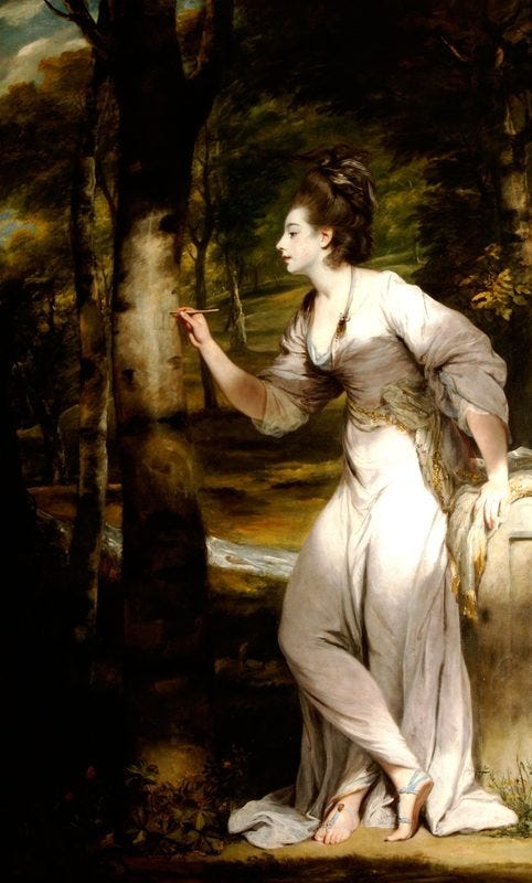 Mrs Lloyd inscribing her name on a tree demonstrates Reynolds’s ability to manipulate light. As seen in the shadows that dapple her skin and clothes (1758)