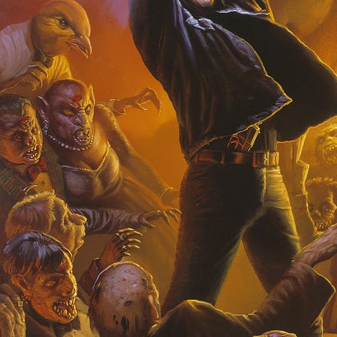 LEFT: Detail from THE WHITE COMMANDS YOU featuring Callahan as he stands in command above the mass of vampires and low men. A cross-shaped scar marks his forehead as he thrusts up the turtle talisman to shine brilliantly down on the hideous creatures. His index and middle fingers extend up while thumb, pinkie, and ring finger grip the palm sized talisman that is burning white. His sleeves are rolled up revealing a thing silver bracelet on his right hand. CENTER: Detail from the foreground left of THE WHITE COMMANDS YOU featuring mole-faced Can-toi staring up in awe. One is dressed in a tux with plaid lapels and red bow tie and another in a ball gown with a string of pearls. Both have red open sores on their foreheads that resemble an eye. Above them is a Taheen with a yellow parrot head and human body. It wears a dress shirt and bow-tie. It reaches out with taloned hands and menace set in its eyes. RIGHT: Detail from the foreground right of THE WHITE COMMANDS YOU featuring vampires at the Dixie Pig recoiling from the light of the turtle talisman. Their eyes glow and their mouths are full jagged teeth pushing out. Mixed into the crowd are Can-Toi with horrifying near-human faces, uneven pointed teeth, and weeping patches of blood on their foreheads that resemble a crimson eye. A single pterodactyl-like Taheen seems unaffected as its beak parts to reveal a long tongue.