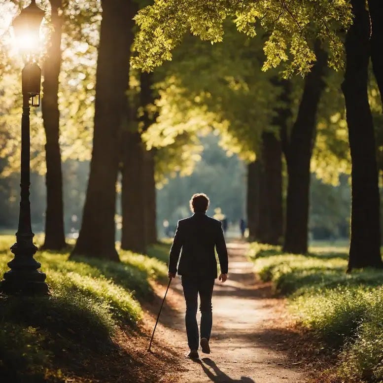 An older person with Multiple Sclerosis using a cane and smiling while walking outdoors in a park. A person with a cane walks confidently on a park path surrounded by trees. Sunshine filters through the leaves.