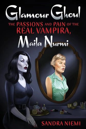 Graphic art book cover showing goth Vampira sitting beside the mirror reflection of her perky blonde creator, Maila Nurmi