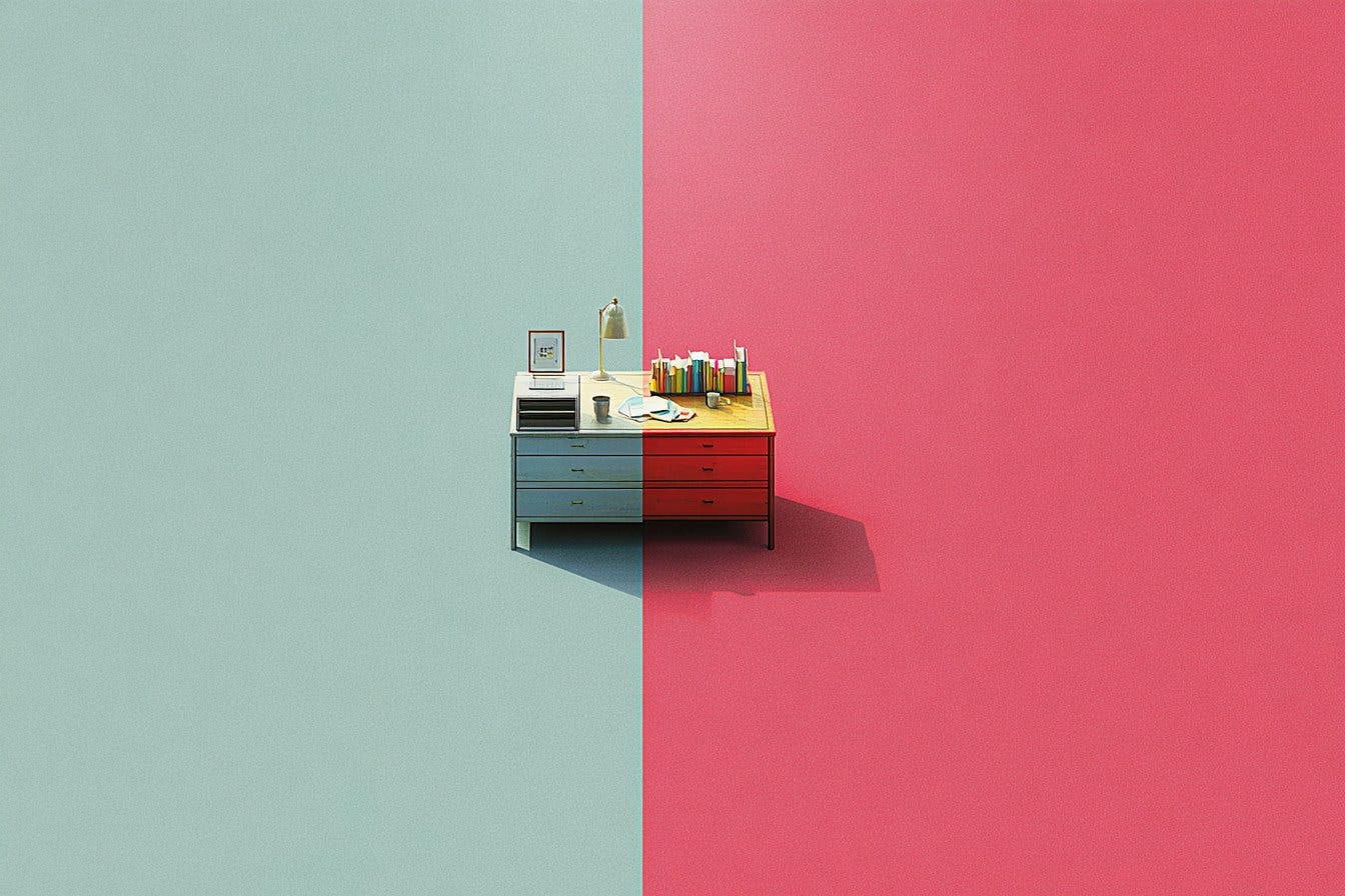 illustration of a desk split in half, corporate on one side, solopreneur on the other illustration of a desk split in half, corporate on one side, solopreneur on the other