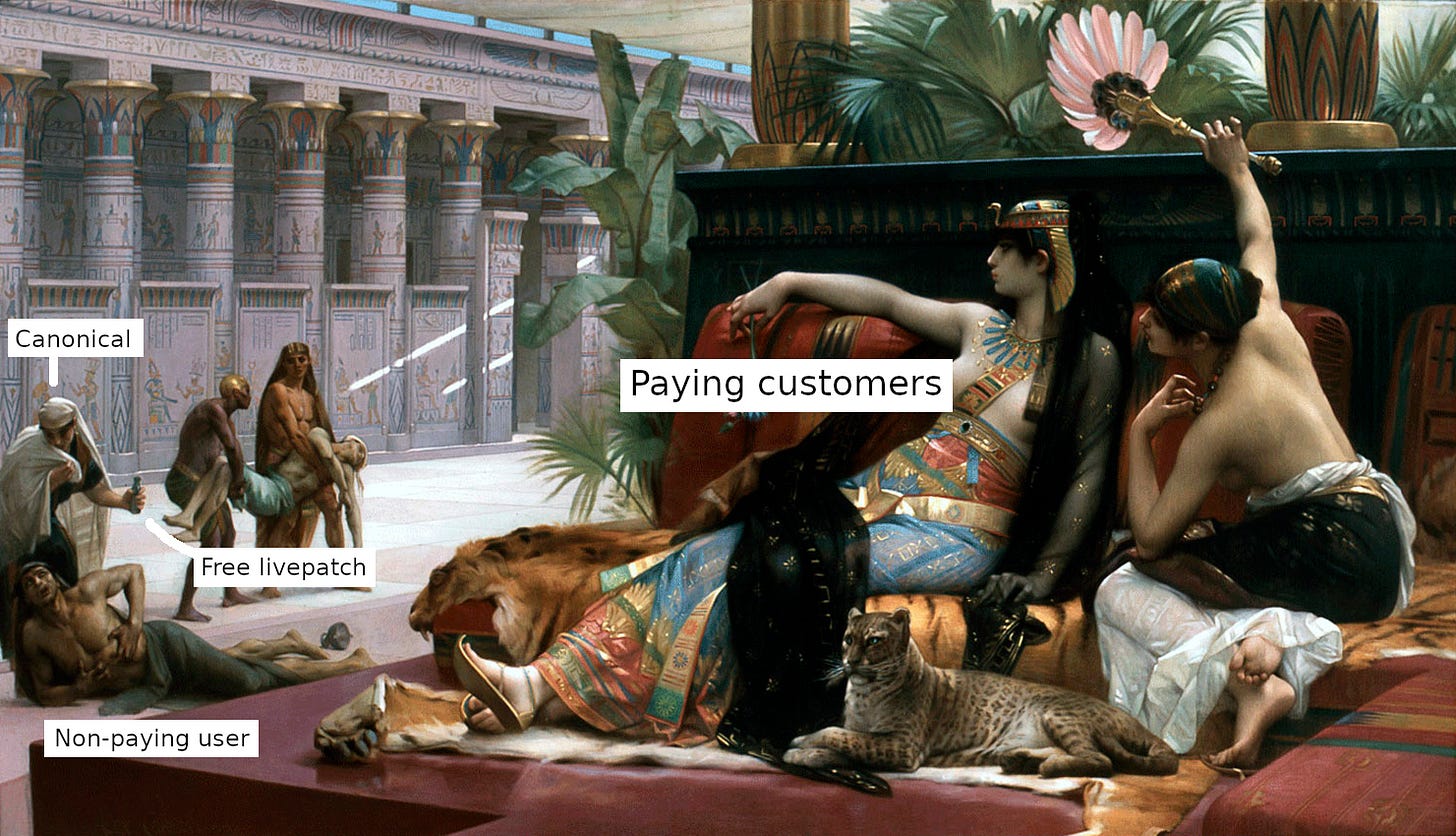 A classic image of a Linux distro vendor testing patches on non-paying users. A classic image of a Linux distro vendor testing patches on non-paying users.