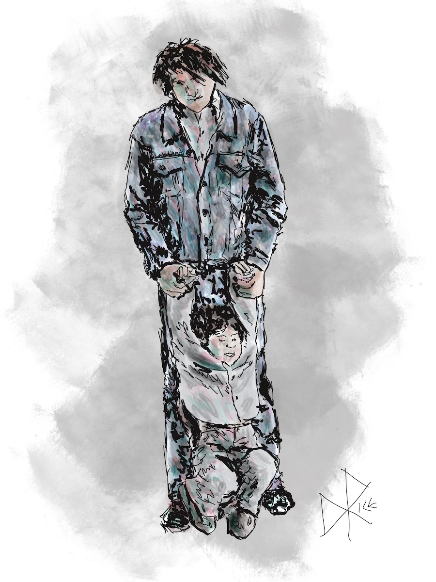 A man and his nephew playing a game of physical resistance. Sketch art by Don Rice. A man and his nephew playing a game of physical resistance. Sketch art by Don Rice.
