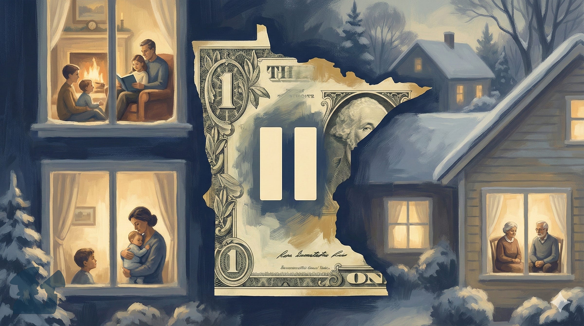 A painterly digital illustration showing a snowy, moonlit neighborhood with several homes. In the center, the outline of the state of Minnesota is filled with a torn dollar bill, upon which a large white "pause" symbol (two vertical bars) is superimposed. Surrounding this central element, windows in the homes glow with warm light, revealing scenes of families and individuals in domestic settings: a family reading by a fireplace, a woman holding a baby, and an elderly couple sitting together. Snow covers the roofs and trees. The overall tone is calm and reflective.