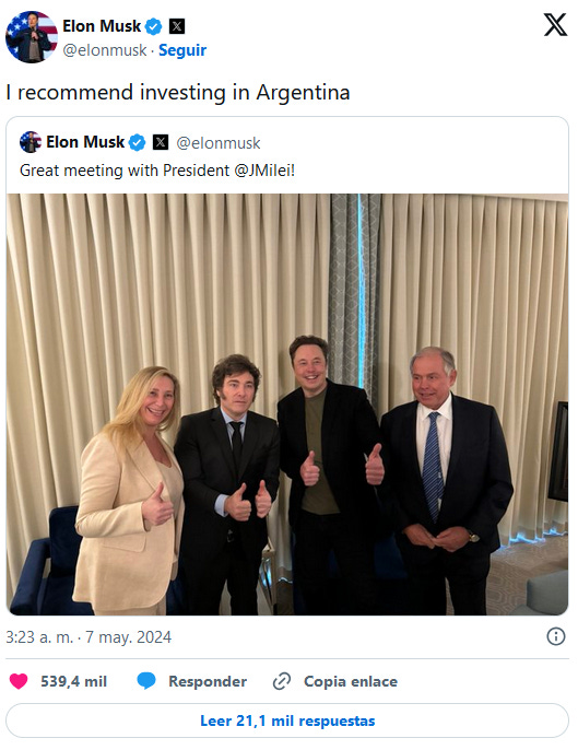 Elon Musk recomienda invertir en Argentina