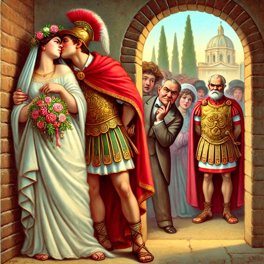 2. A whimsical depiction of Saint Valentine secretly marrying a couple in ancient Rome, while a suspicious Emperor Claudius II peeks around a corner with a disapproving frown.