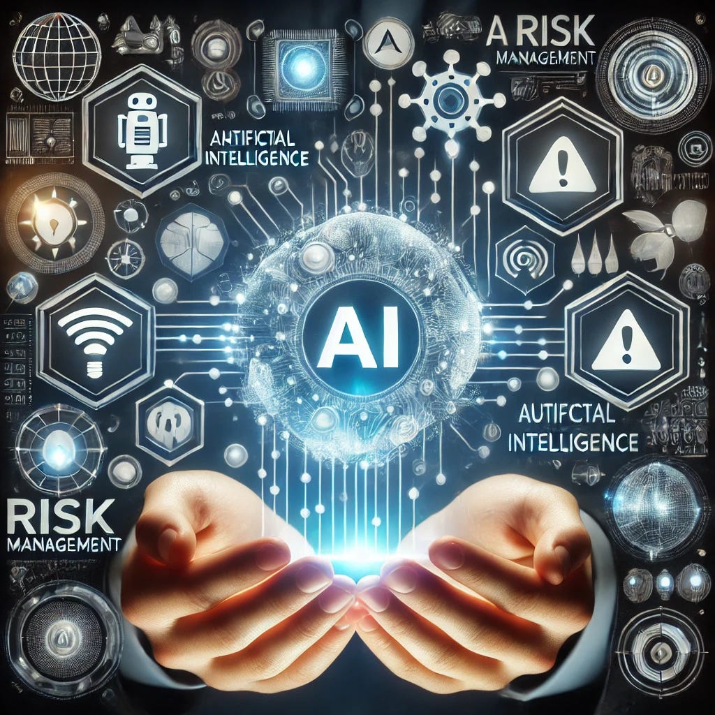 A conceptual image illustrating AI risk management, with elements like artificial intelligence icons, security shields, warning symbols, and interconnected digital networks. Show a balance between technology and control, with hands symbolically managing AI represented as glowing orbs, data streams, or virtual machinery. Use a modern, futuristic color palette with blues, whites, and metallic tones to convey a high-tech and secure atmosphere. Emphasize themes of protection, responsibility, and vigilance.