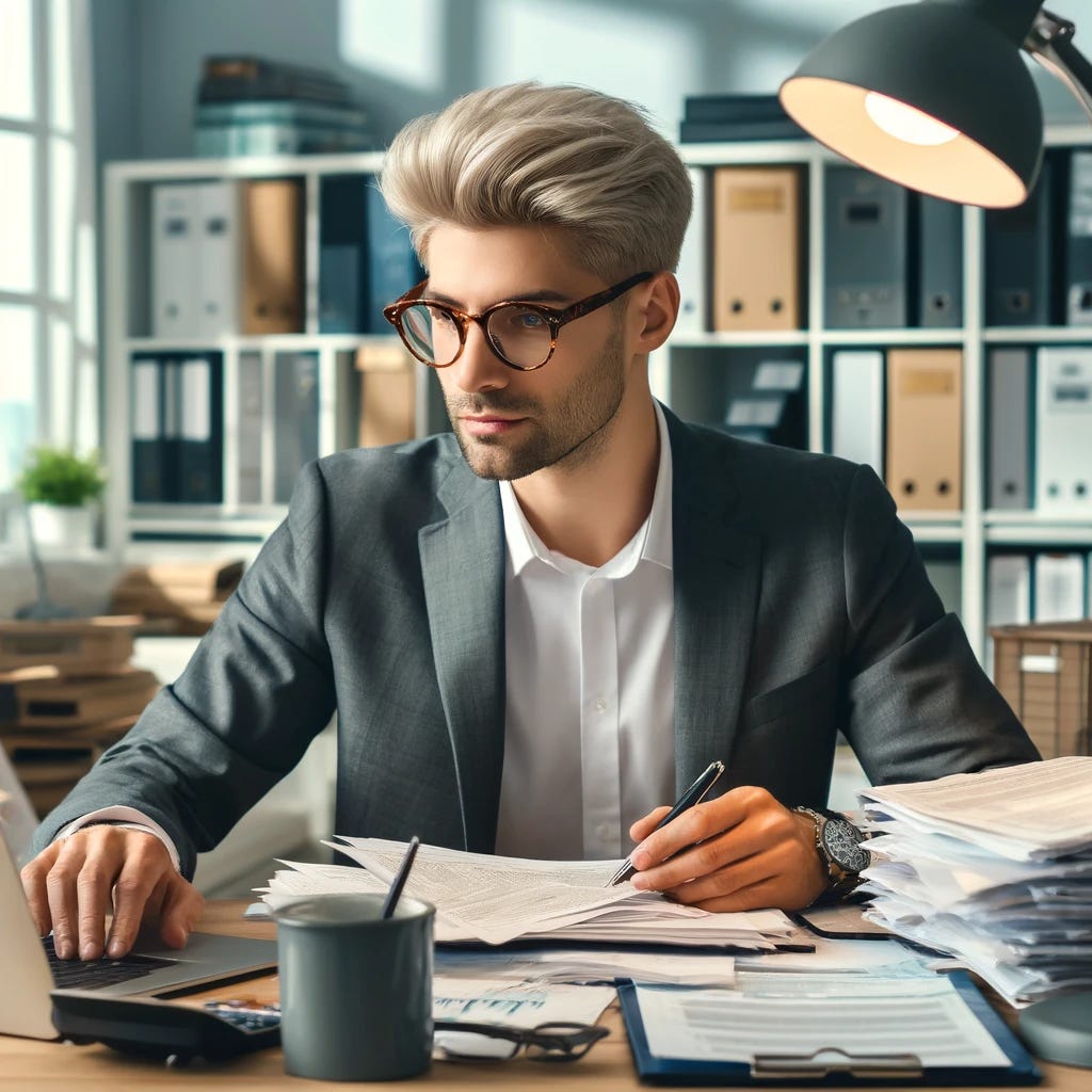 A tax professional in his mid-30s with platinum blonde hair and tortoise shell glasses doing research. He is sitting at a desk covered with tax documents, books, and a laptop. The background includes bookshelves filled with binders and financial records. The environment is well-lit, with a modern office feel, including elements like a desk lamp, a coffee mug, and a window with cityscape view.
