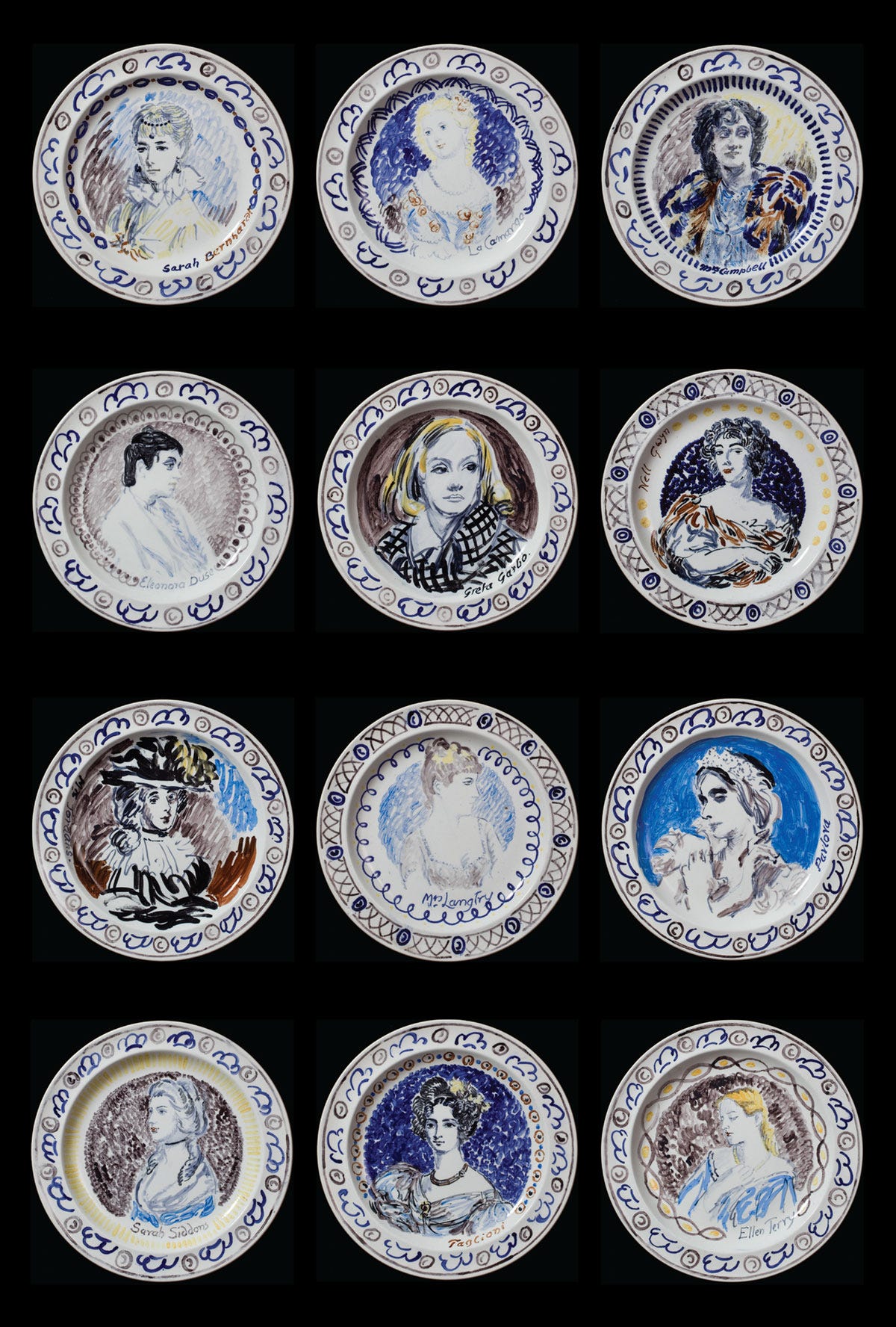 12 painted plates arranged on a black background