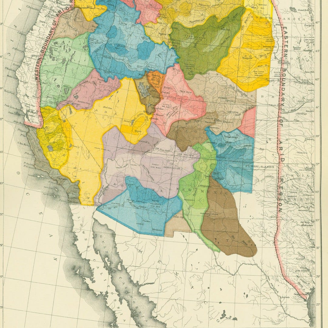 Historical map highlighting the 100th meridian boundary and arid regions in the western United States, crucial for understanding water and agricultural challenges in Arizona and New Mexico